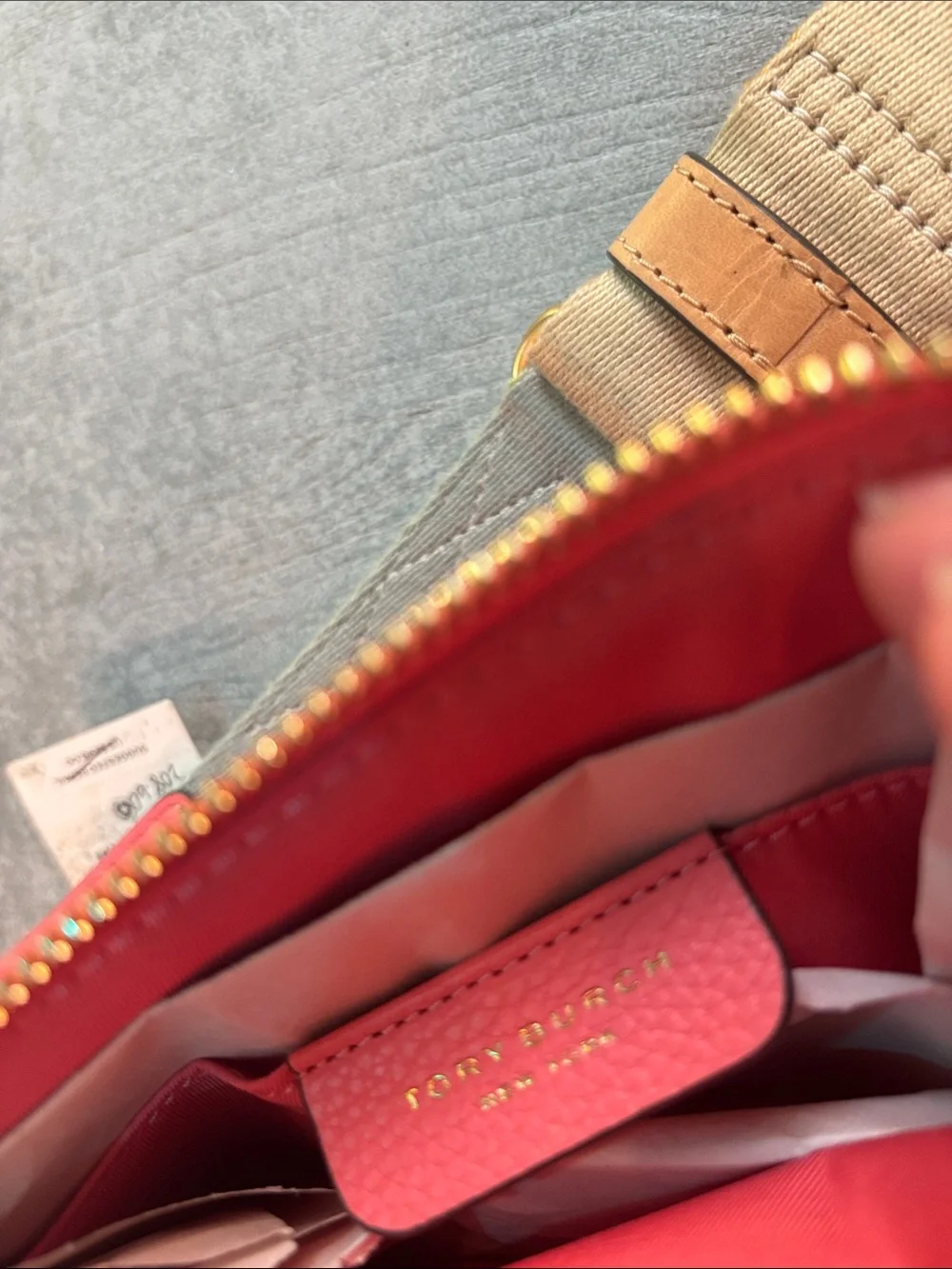 Tory Burch Coral Pebbled Leather Miller Mini Crossbody bag purse w/ Yellow Strap